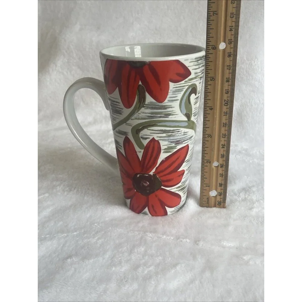 Coffee Mug Tea Cup 16oz Floral Red‎ Flower Flowers Green Accent